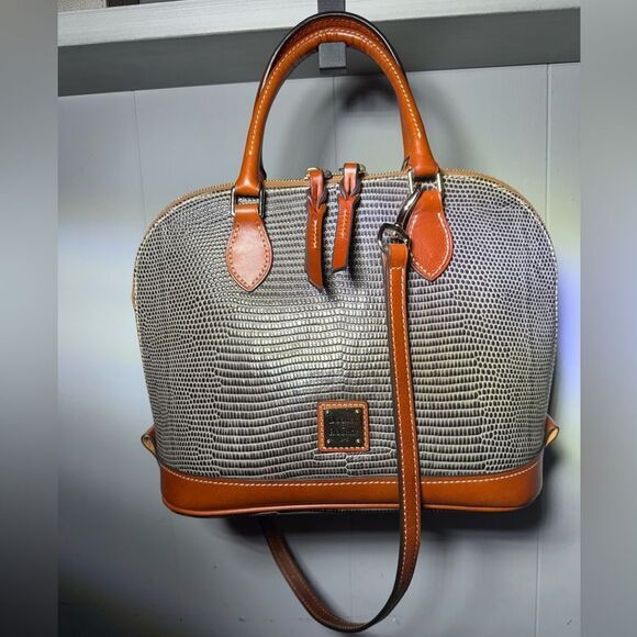 Dooney & Bourke Lizard Embossed Satchel Gray Brown Bag w/ Strap 12”x9” Like New - Picture 6 of 17